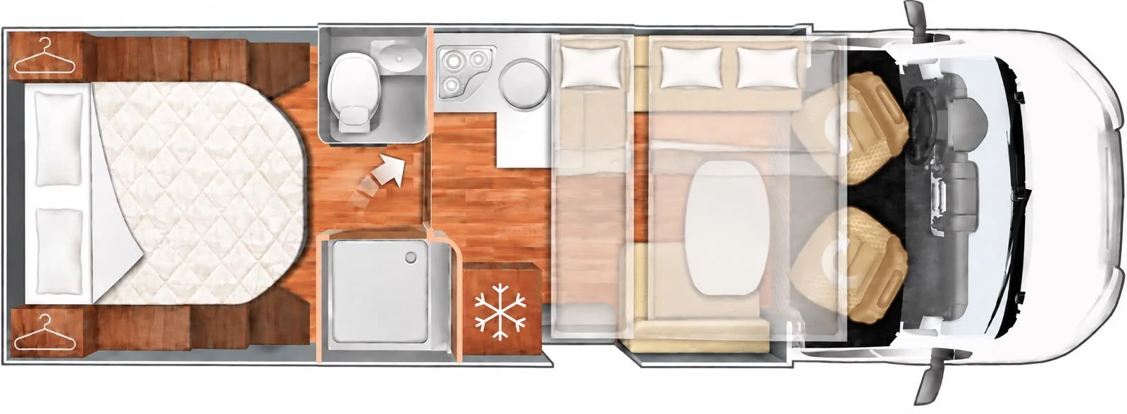 Grundriss Ahorn Canada TQ Plus: Heckbett, Bad, Küche, Sitzgruppe und Fahrerhaus