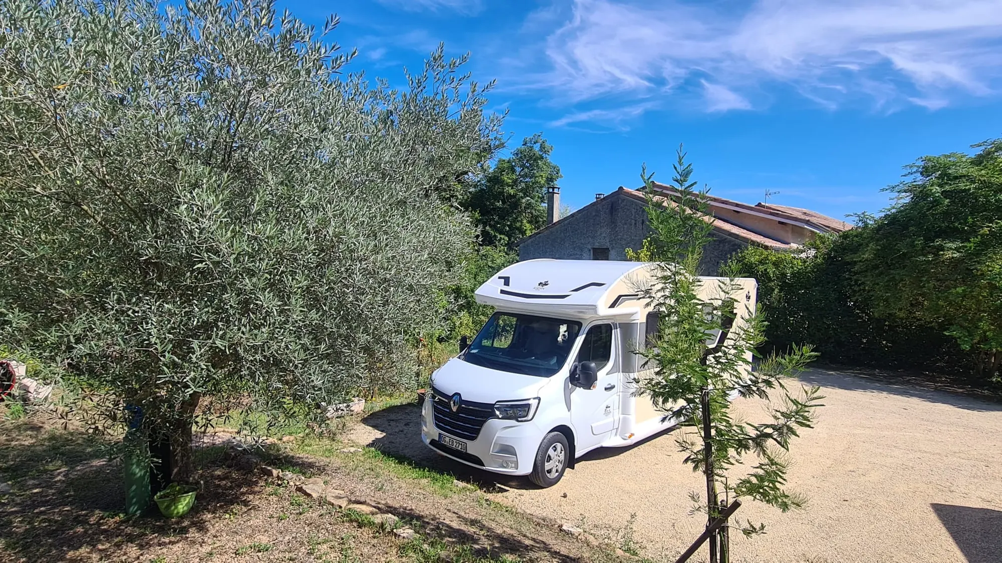 Wohnmobil unter Olivenbäumen am Stellplatz